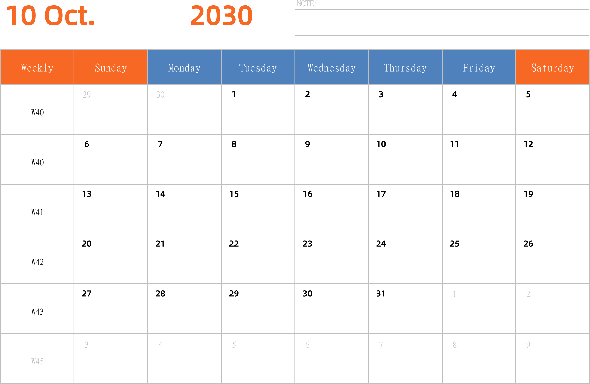 日历表2030年日历 英文版 横向排版 周日开始 带周数